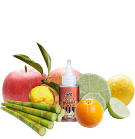 リンゴと柑橘、サトウキビがバリアスルーのボトルに絡み合ってるイメージ